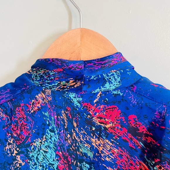 Brocade Plunging V Neck Vintage 80s Silky Long Slv Blue Top Party Satin Blouse - Picture 9 of 11